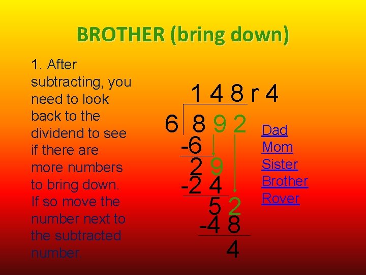 BROTHER (bring down) 1. After subtracting, you need to look back to the dividend