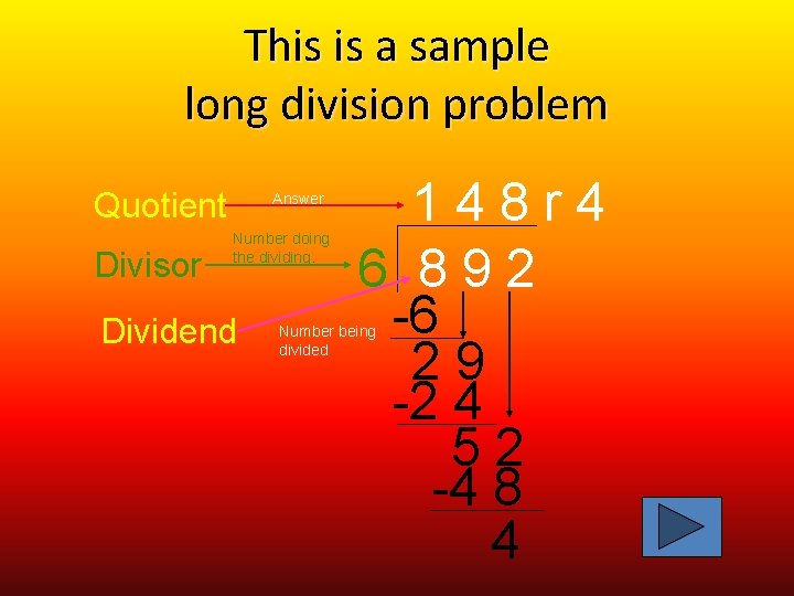 This is a sample long division problem Quotient Divisor Answer Number doing the dividing.