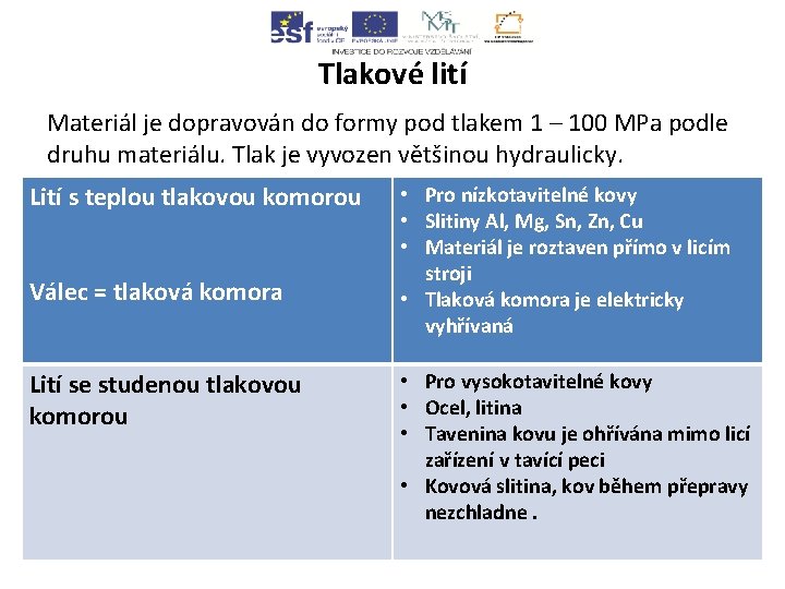 Tlakové lití Materiál je dopravován do formy pod tlakem 1 – 100 MPa podle