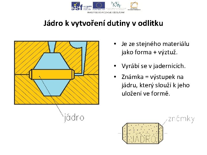 Jádro k vytvoření dutiny v odlitku • Je ze stejného materiálu jako forma +