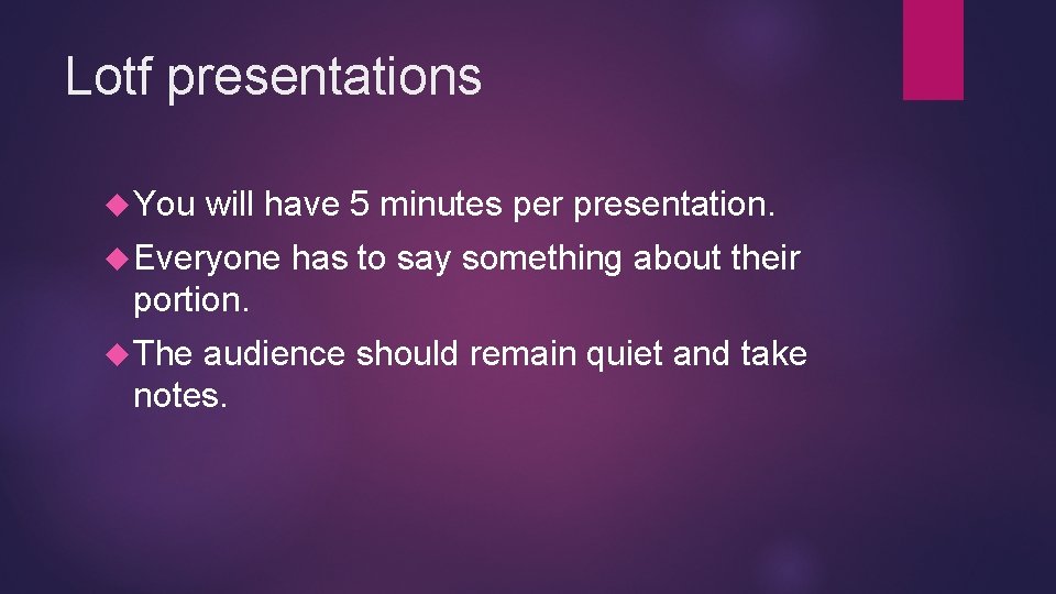 Lotf presentations You will have 5 minutes per presentation. Everyone has to say something Lotf presentations You will have 5 minutes per presentation. Everyone has to say something