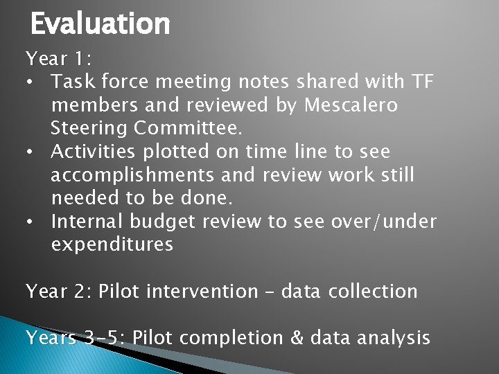 Evaluation Year 1: • Task force meeting notes shared with TF members and reviewed