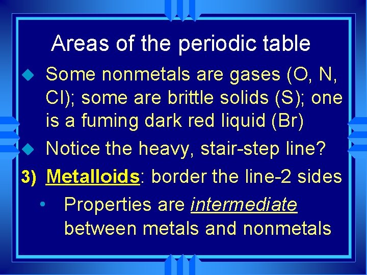 Areas of the periodic table Some nonmetals are gases (O, N, Cl); some are