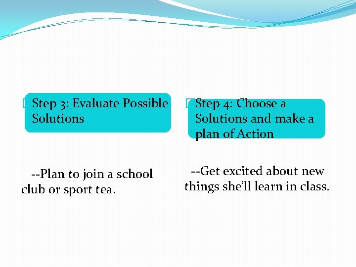 �Step 3: Evaluate Possible Solutions �Step 4: Choose a Solutions and make a plan