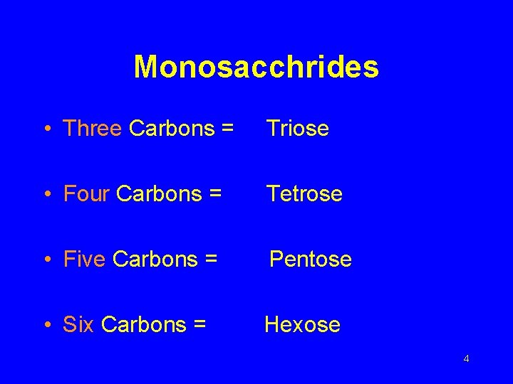 Monosacchrides • Three Carbons = Triose • Four Carbons = Tetrose • Five Carbons