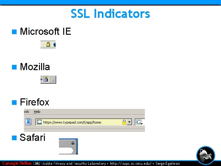SSL Indicators n Microsoft IE n Mozilla n Firefox n Safari • CMU Usable