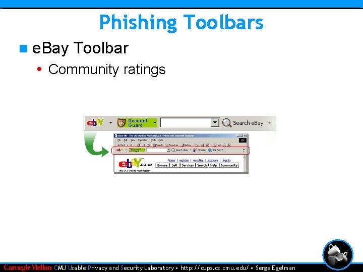 Phishing Toolbars n e. Bay Toolbar • Community ratings • CMU Usable Privacy and