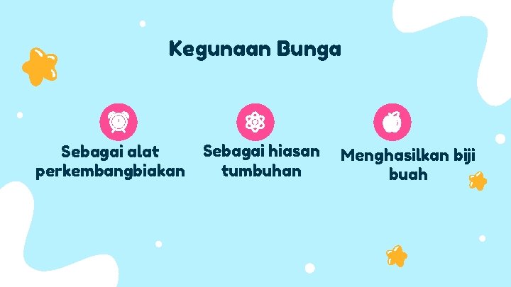 Kegunaan Bunga Sebagai alat perkembangbiakan Sebagai hiasan tumbuhan Menghasilkan biji buah 