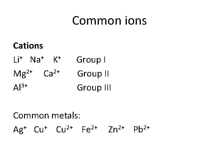 Common ions Cations Li+ Na+ K+ Mg 2+ Ca 2+ Al 3+ Group III Common ions Cations Li+ Na+ K+ Mg 2+ Ca 2+ Al 3+ Group III