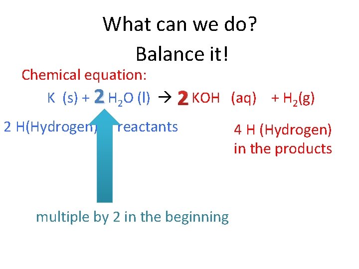 What can we do? Balance it! Chemical equation: K (s) + 2 H 2 What can we do? Balance it! Chemical equation: K (s) + 2 H 2