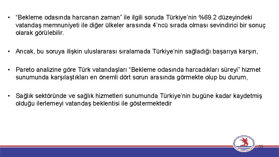  • “Bekleme odasında harcanan zaman” ile ilgili soruda Türkiye’nin %69. 2 düzeyindeki vatandaş