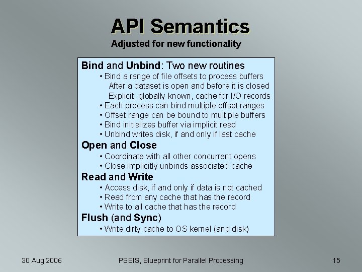 API Semantics Adjusted for new functionality Bind and Unbind: Two new routines • Bind