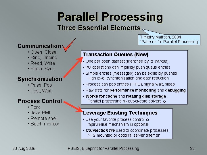 Parallel Processing Three Essential Elements Timothy Mattson, 2004 “Patterns for Parallel Processing” Communication •