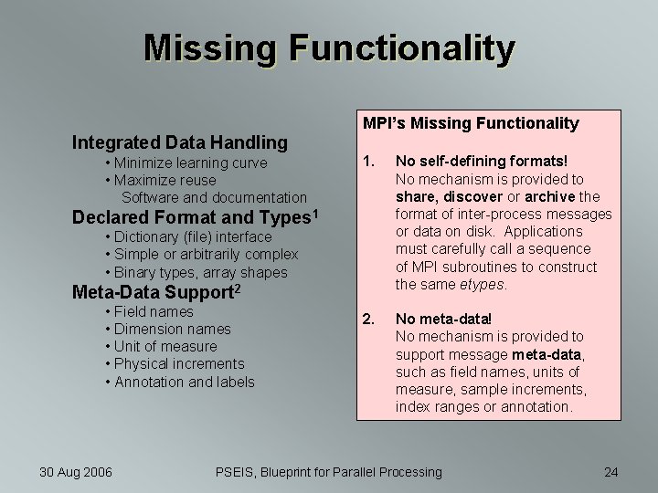 Missing Functionality MPI’s Missing Functionality Integrated Data Handling • Minimize learning curve • Maximize