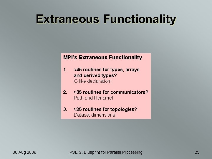 Extraneous Functionality MPI’s Extraneous Functionality 30 Aug 2006 1. ≈45 routines for types, arrays