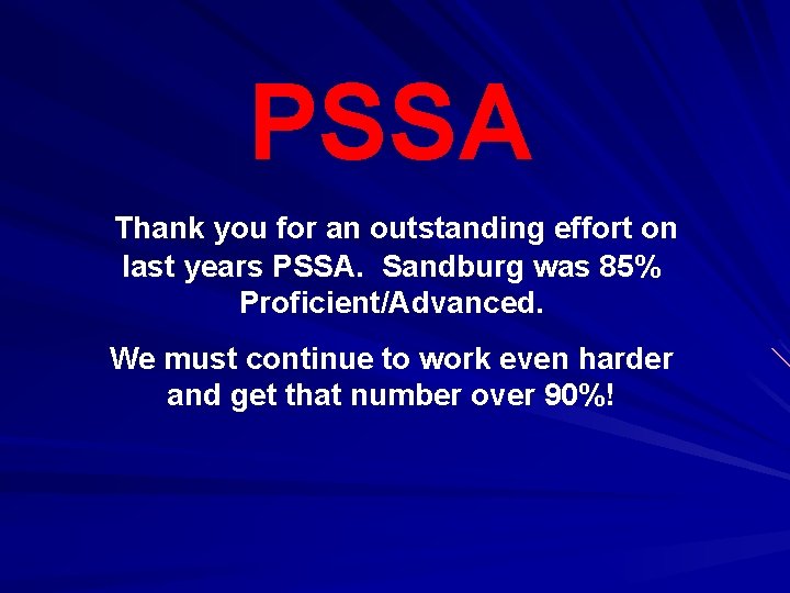 PSSA Thank you for an outstanding effort on last years PSSA. Sandburg was 85%