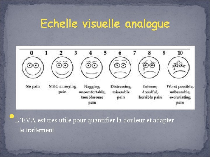 Echelle visuelle analogue • L’EVA est très utile pour quantifier la douleur et adapter