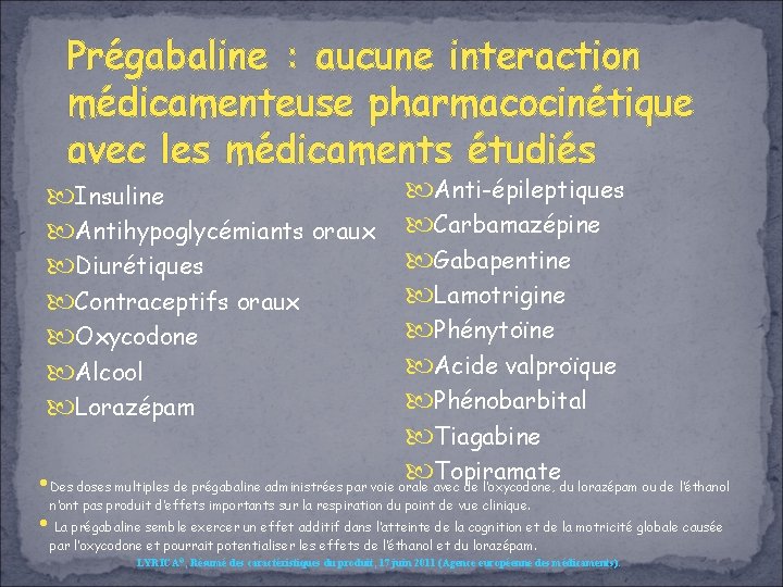 Prégabaline : aucune interaction médicamenteuse pharmacocinétique avec les médicaments étudiés Anti-épileptiques Carbamazépine Gabapentine Lamotrigine