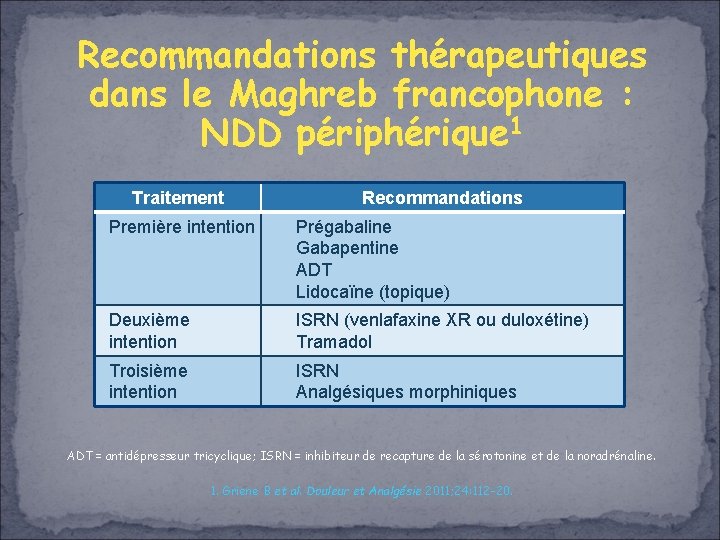 Recommandations thérapeutiques dans le Maghreb francophone : NDD périphérique 1 Traitement Recommandations Première intention