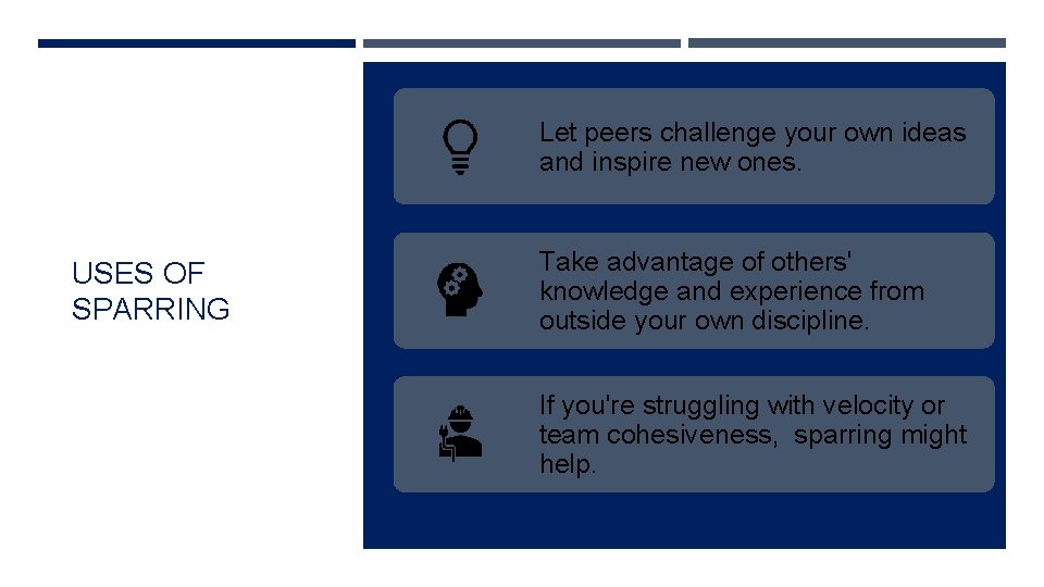 Let peers challenge your own ideas and inspire new ones. USES OF SPARRING Take