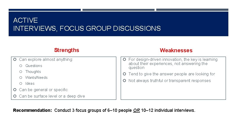 ACTIVE INTERVIEWS, FOCUS GROUP DISCUSSIONS Strengths Can explore almost anything: Questions Thoughts Wants/Needs Ideas