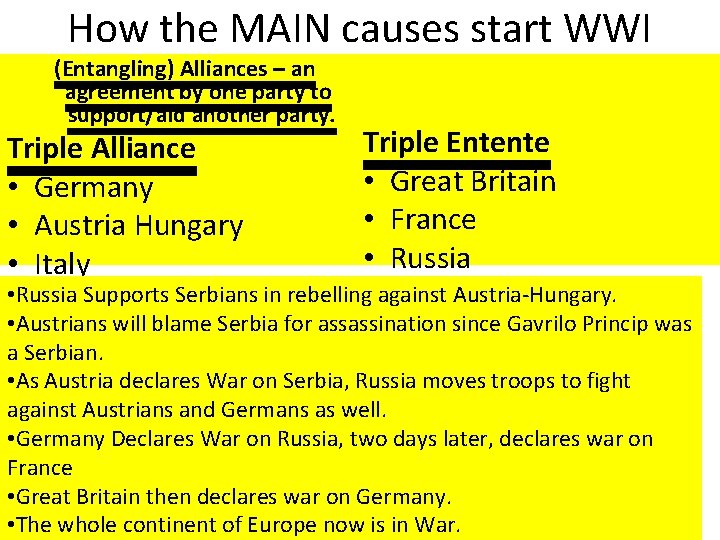 How the MAIN causes start WWI (Entangling) Alliances – an agreement by one party