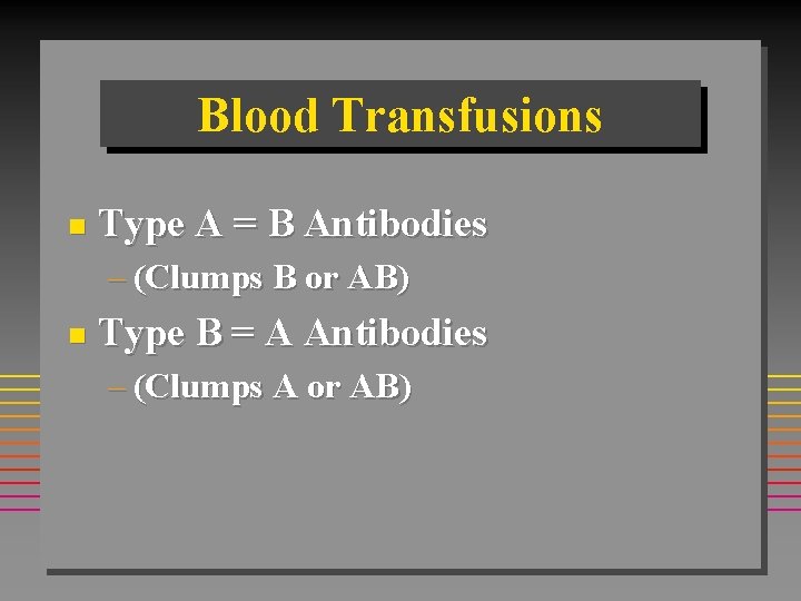 Blood Transfusions n Type A = B Antibodies – (Clumps B or AB) n Blood Transfusions n Type A = B Antibodies – (Clumps B or AB) n