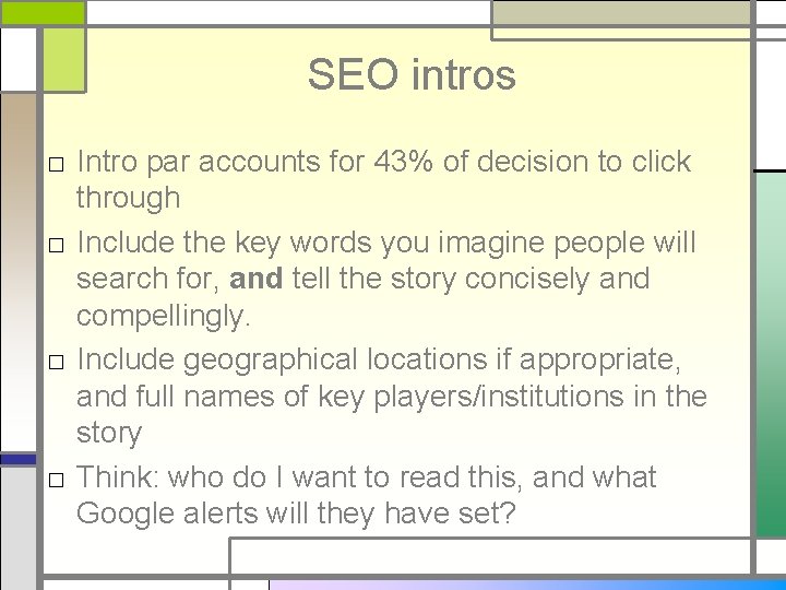 SEO intros □ Intro par accounts for 43% of decision to click through □