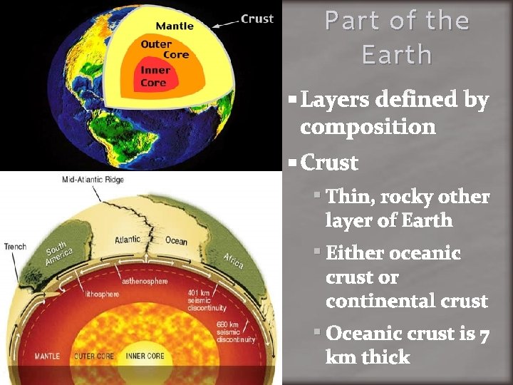 Part of the Earth Layers defined by composition Crust Thin, rocky other layer of