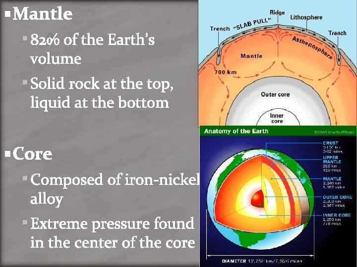  Mantle 82% of the Earth’s volume Solid rock at the top, liquid at