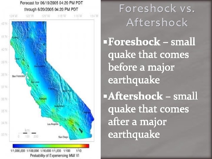 Foreshock vs. Aftershock Foreshock – small quake that comes before a major earthquake Aftershock