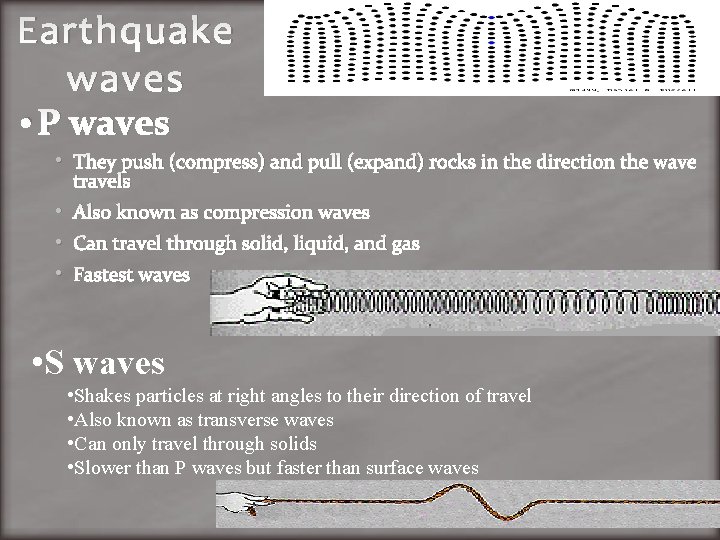 Earthquake waves • P waves • They push (compress) and pull (expand) rocks in
