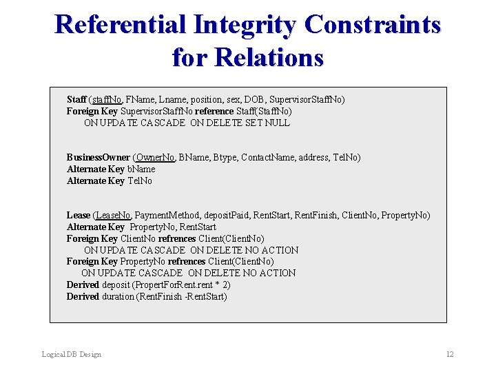 Referential Integrity Constraints for Relations Staff (staff. No, FName, Lname, position, sex, DOB, Supervisor.