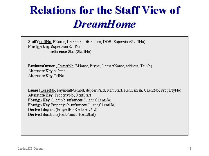 Relations for the Staff View of Dream. Home Staff (staff. No, FName, Lname, position,