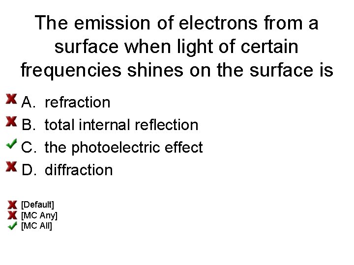 The emission of electrons from a surface when light of certain frequencies shines on