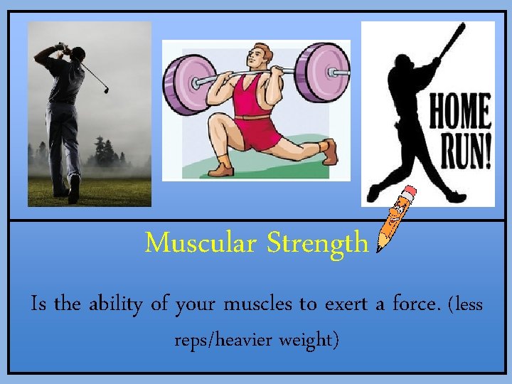 Muscular Strength Is the ability of your muscles to exert a force. (less reps/heavier