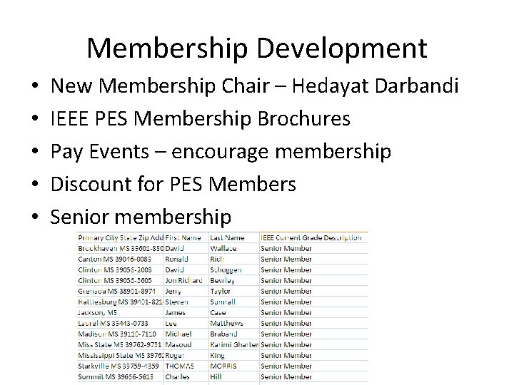 Membership Development • • • New Membership Chair – Hedayat Darbandi IEEE PES Membership