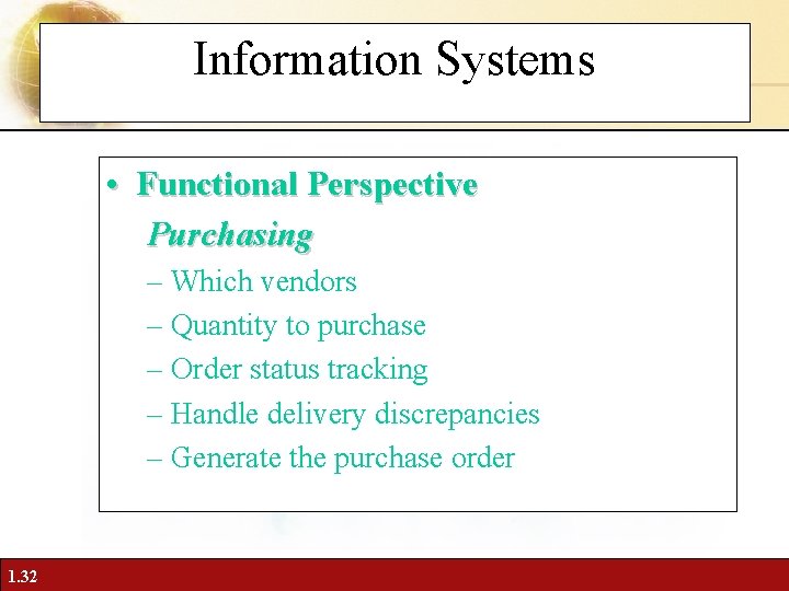 Information Systems • Functional Perspective Purchasing – Which vendors – Quantity to purchase –