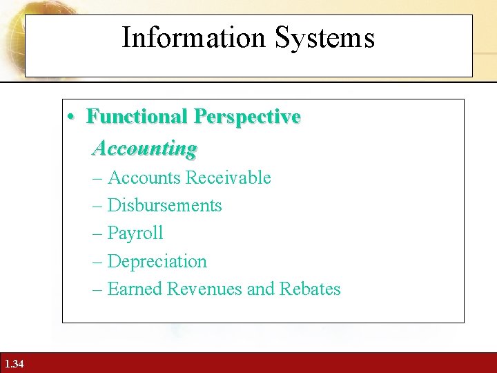 Information Systems • Functional Perspective Accounting – Accounts Receivable – Disbursements – Payroll –