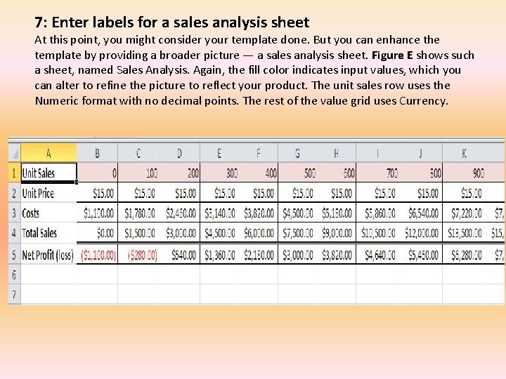 7: Enter labels for a sales analysis sheet At this point, you might consider