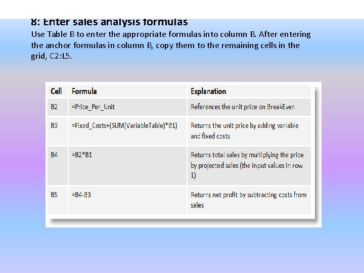 8: Enter sales analysis formulas Use Table B to enter the appropriate formulas into