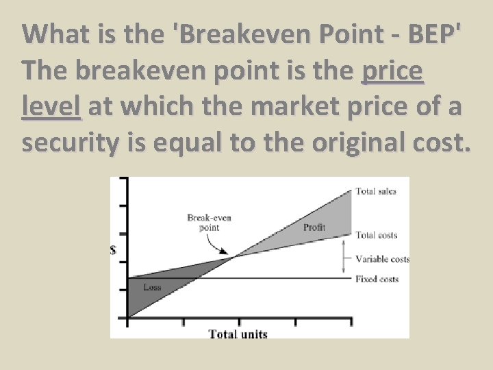 What is the 'Breakeven Point - BEP' The breakeven point is the price level