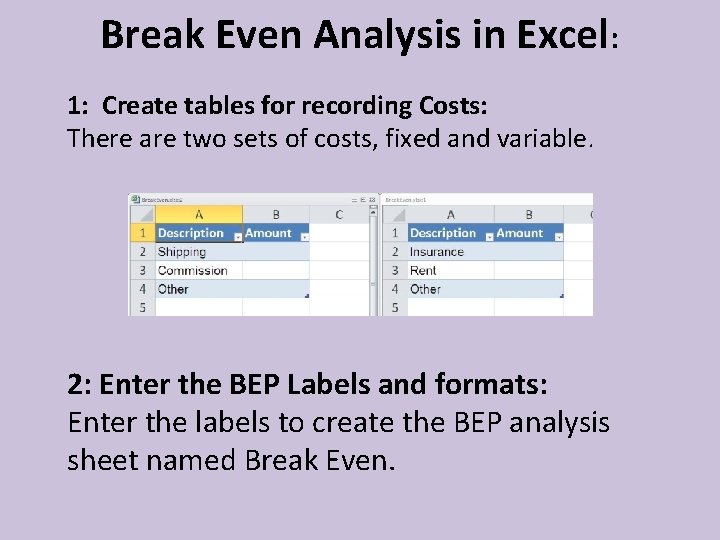 Break Even Analysis in Excel: 1: Create tables for recording Costs: There are two