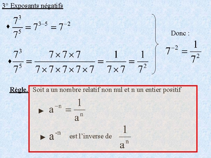3° Exposants négatifs ♦ Donc : ♦ Règle. Soit a un nombre relatif non