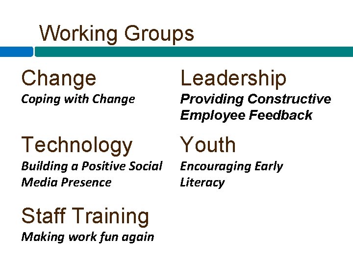 Working Groups Change Leadership Coping with Change Providing Constructive Employee Feedback Technology Youth Building