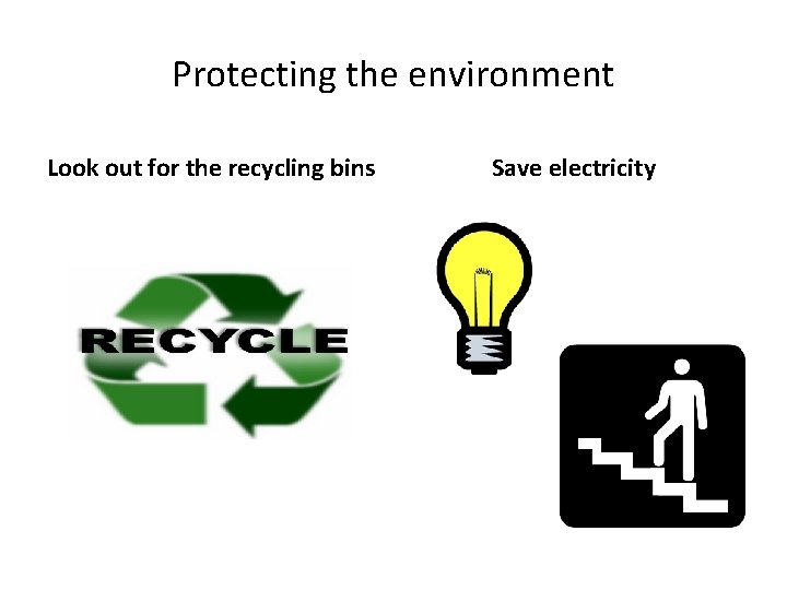 Protecting the environment Look out for the recycling bins Save electricity 
