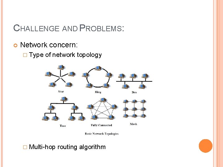 CHALLENGE AND PROBLEMS: Network concern: � Type of network topology � Multi-hop routing algorithm
