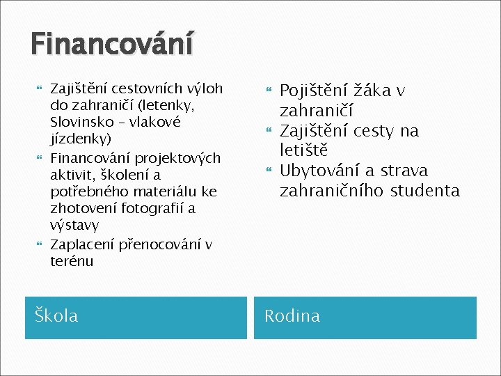 Financování Zajištění cestovních výloh do zahraničí (letenky, Slovinsko – vlakové jízdenky) Financování projektových aktivit,