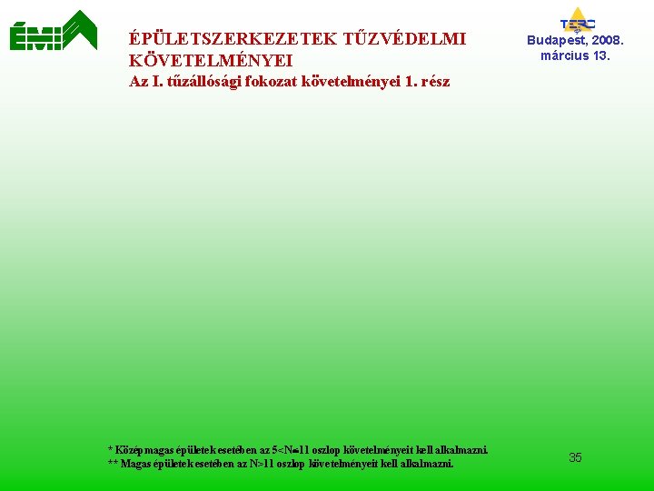 ÉPÜLETSZERKEZETEK TŰZVÉDELMI KÖVETELMÉNYEI Budapest, 2008. március 13. Az I. tűzállósági fokozat követelményei 1. rész