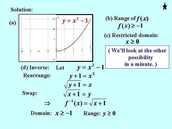 Solution: (b) Range of (a) : (c) Restricted domain: ( We’ll look at the